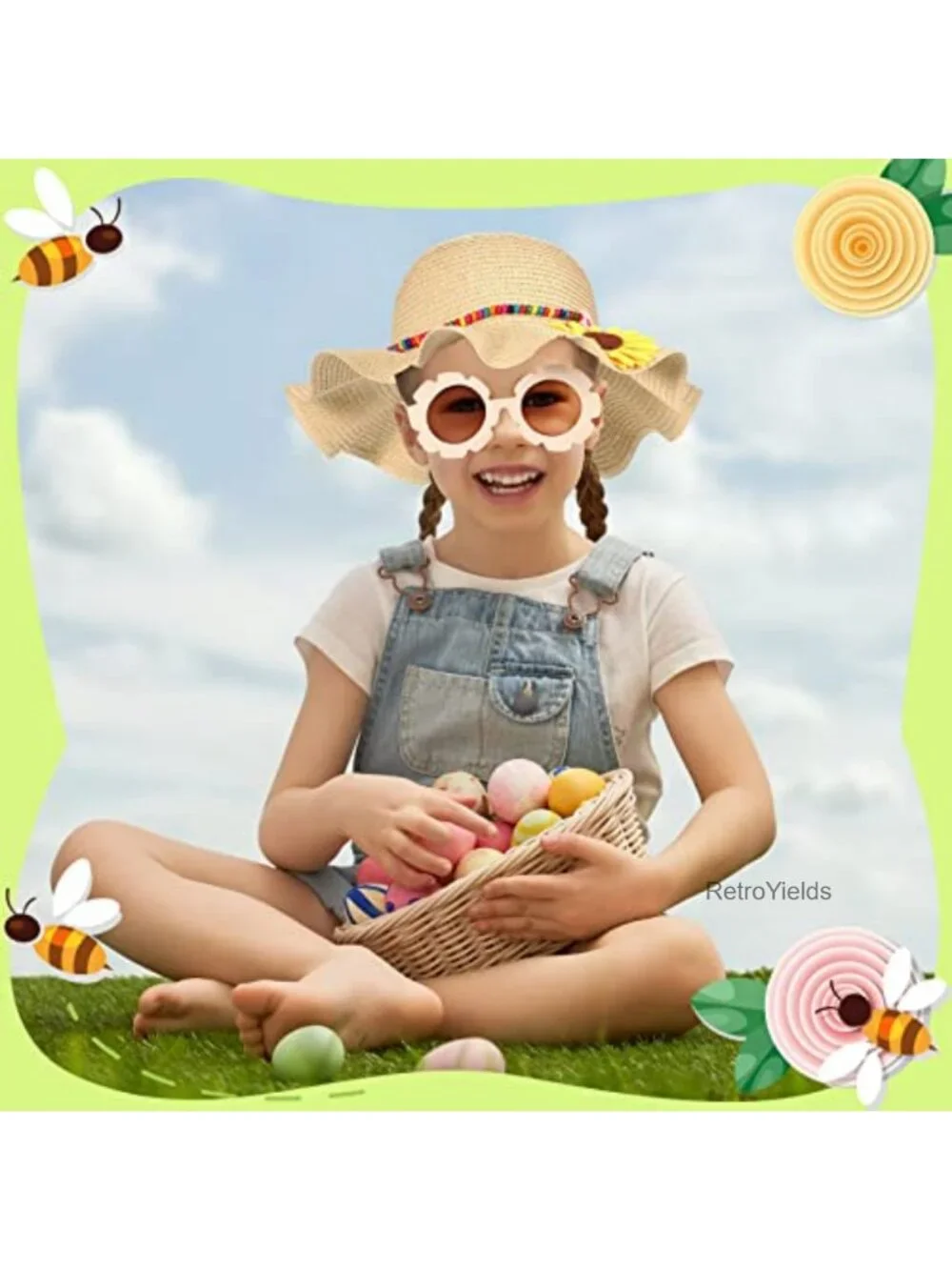 Girls Straw Sun Hat with Sunglasses, Kids Summer Beach Floppy Cap, Wavy Brim,
